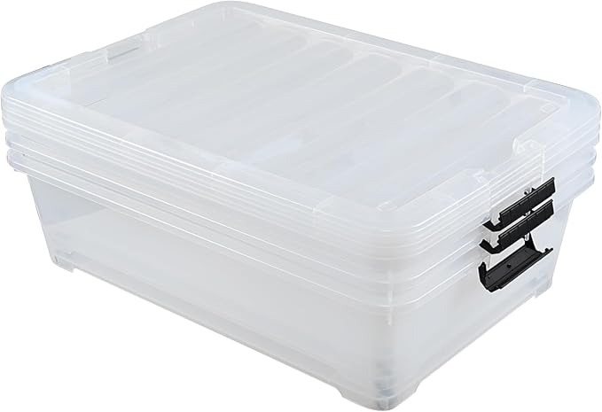 3-Pack 50 Quart Under the Bed Low Profile Storage Boxes, Large Under Bed Storage Bin with Easy Rolling Caster Wheels, Clear