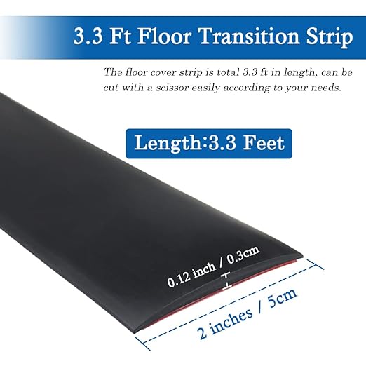 Floor Transition Strip Self Adhesive Floor Cover Strips Laminate 2" Wide Vinyl Flat Divider Transitions (5cm, 3.3Ft, Black)