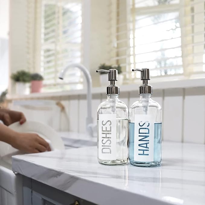 JASAI 2Pack 18OZ Glass Soap Dispenser with Rustproof 304 Stainless Steel Pump, Kitchen Soap Dispenser for Hands & Dishes (White)