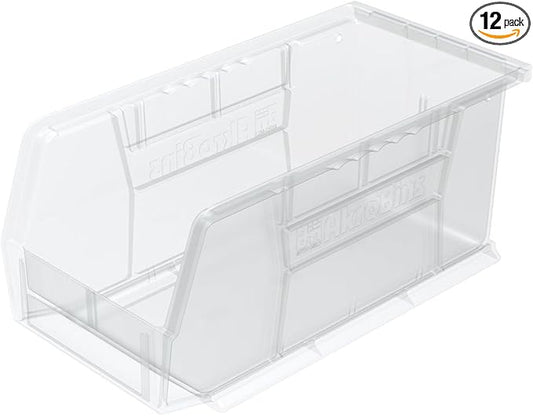 Akro-Mils 30230 AkroBins Plastic Storage Bins, Space-Saving Stackable Bins for Garage, Pantry, Craft Organization, 11-" x 5-" x 5-", Clear, 12-Pack