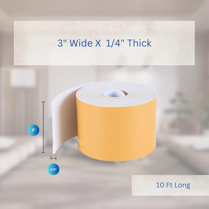 High Density Foam Weather Stripping Door Seal Strip Insulation Tape Roll for Insulating Door Frame, Window, Air Conditioner | Self Adhesive Sealing Weatherstrip (3 in x 1/4 in x 10 Ft, White)