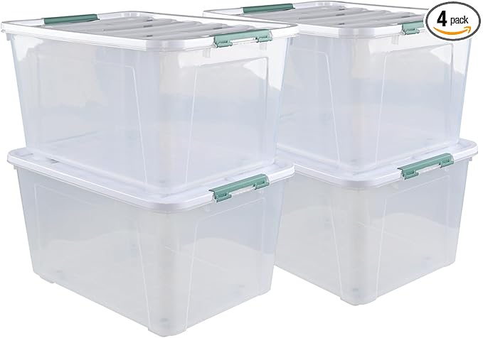 80 L Large Clear View Plastic Storage Bin with Lid and Secure Latching Buckles, 4-Pack Wheeled Clear Storage Boxes