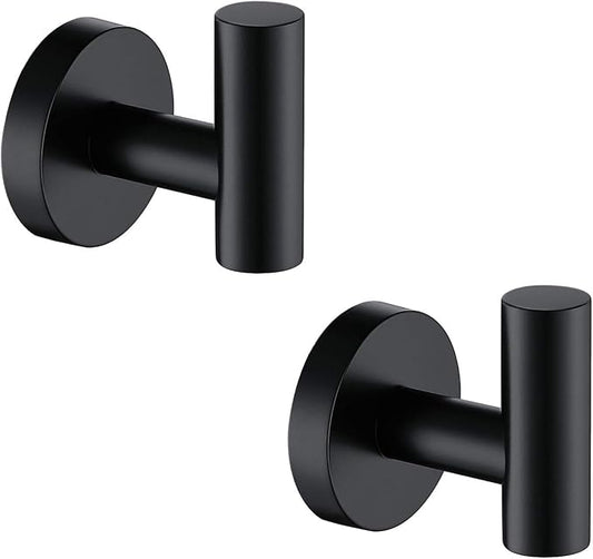 TASTOS Matte Black Bathroom Towel Coat Hook Stainless Steel, 2 Pack Robe Clothes Cabinet Closet Sponges Hooks Holder Round Style Heavy Duty Wall Hook for Bathroom Kitchen Hotel Wall Mounted