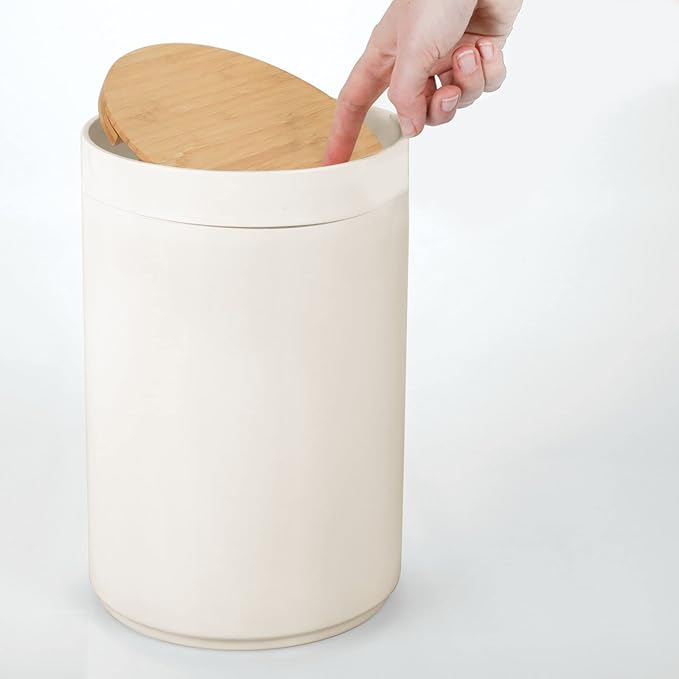 mDesign Plastic Round Trash Can Small Wastebasket - Garbage Bin Container with Swing-Close Lid - Bathroom Garbage Basket - Holds Waste, Recycling - 1.3 Gallon - Basa Collection - Cream/Beige/Natural