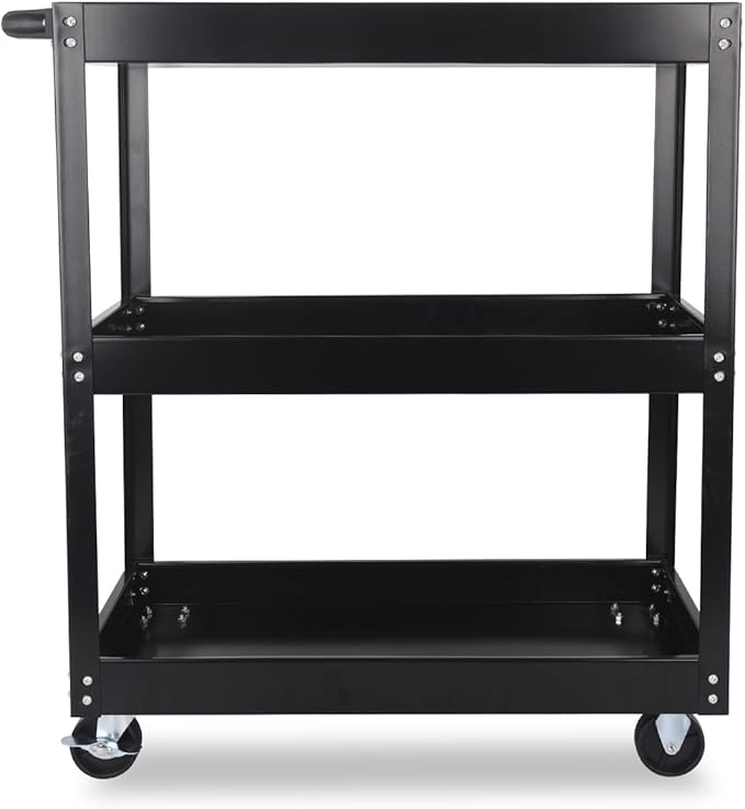 3-Tier Commercial Utility Cart, 3 Shelves Steel Service Tool Cart with Brake Wheels for Mechanics, 330lbs Heavy Duty Rolling Utility Carts Tub Storage Cart for Warehouse Office Garage, Black