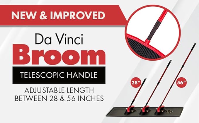 Da Vinci Curved Angle Broom 1pc - Sturdy Wide Broom for Indoor/Outdoor Sweeping, Heavy Duty Steel Telescopic Handle, Durable PVC Bristles, Ideal for Pet Hair, Dust, Kitchen & Rough Surfaces