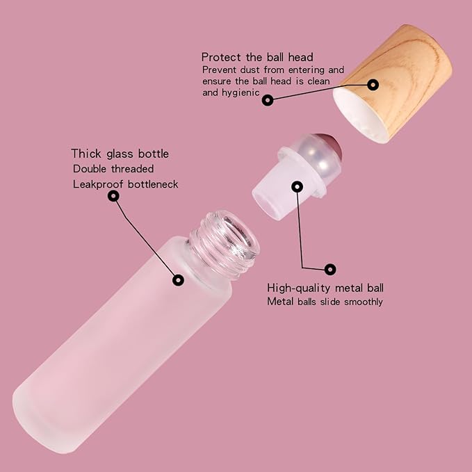 12 Pack Essential Oil Roller Bottles,10ml Empty Frosted Glass Roller Bottles with Stainless Steel Roller Balls and Caps Refillable Container for Perfume Roll on Bottles ( Wood Grain Plastic Caps)