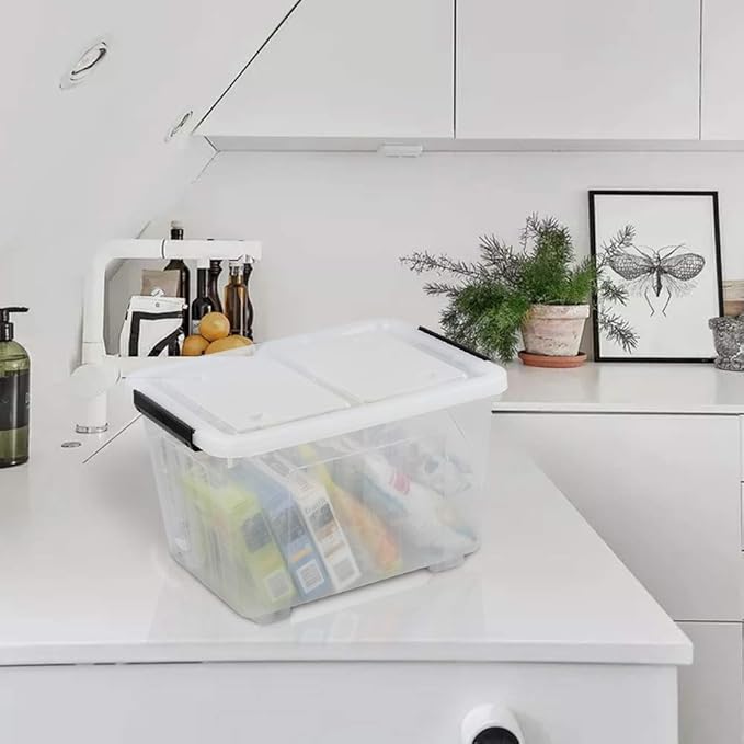 30 L Clear Plastic Storage Box with Wheels, 4-Pack Clear Plastic Storage Latch Bin