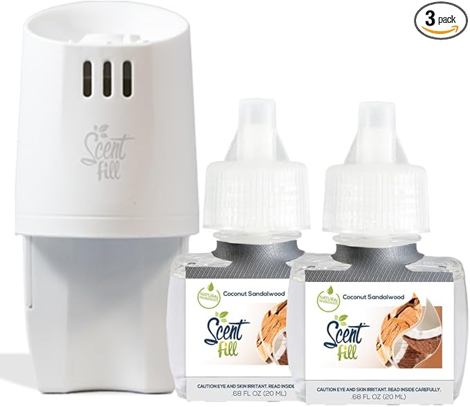 Scent Fill Coconut Sandalwood Plug in Air Freshener, Scented Oil Refills, 2 Refills + Diffuser