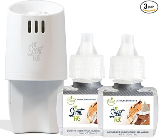 Scent Fill Coconut Sandalwood Plug in Air Freshener, Scented Oil Refills, 2 Refills + Diffuser