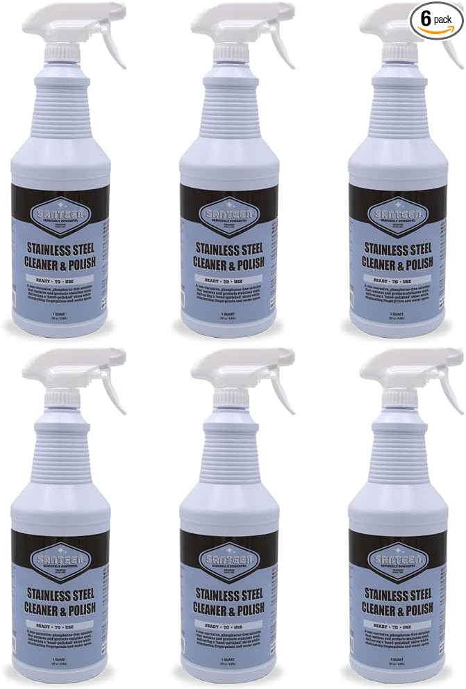 Santeen Stainless Steel Cleaner & Polish, 6-Pack, 32oz Bottle with Trigger Sprayer, Professional Formula
