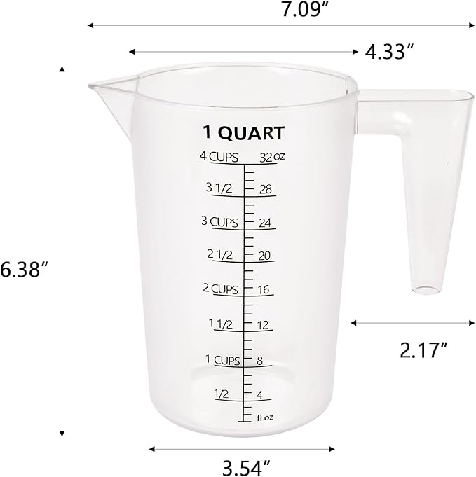 Food-Grade Plastic Measuring Pitcher – 32 Ounce & 4 Cups Measuring Cups with Handle for Liquid, Motor Oil, Pool & Lawn Chemicals, Dilution, Soap Mixing, Brewing, Commercial & Kitchen Use(1000ml)