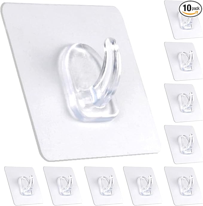 Adhesive Hooks, Heavy Duty Utility Hooks 20 lb(Max) Waterproof and Oilproof Removable, Clear Seamless Hooks Reusable Wall Hook for Kitchen Bathroom Bedroom Office - 10 Pack