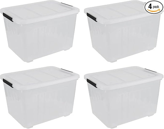 70 Quart Clear Plastic Large Storage Box with Wheels, 4-Pack Plastic Storage Bins with Lids
