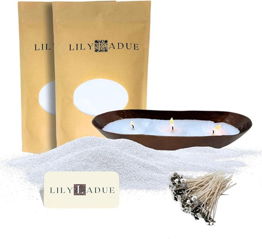 LILY LADUE Candle Refill Kit - 2Lb/32Oz Pearled Candles Sand and Wicks (48) and Hammered Bronze Holder, Reusable Unique Sand Candles with Wicks for Candle Making, Bulk Unscented Pearl Wax Beads