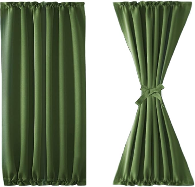 DWCN French Door Curtains – Rod Pocket Thermal Blackout Curtain for Doors with Glass Window, Kitchen and Patio Doors for Privacy, 25 X 40 Inches Long, 1 Curtain Panel with Tieback,Olive Green