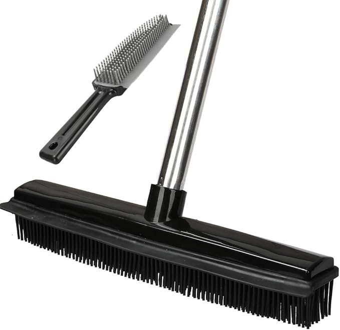 Rubber Broom and Pet Hair Removal Brush Set for Carpet,Fur Remover Rake with Squeegee,Lint Brush for Pet Dog Cat Hair