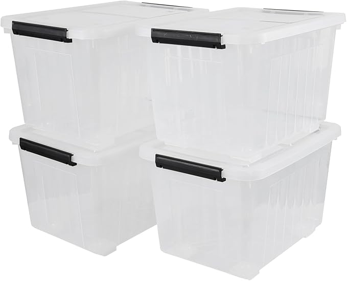 30 Quart Clear Plastic Latch Storage Bins with Wheels, 4-Pack Wheeled Clear Storage Totes