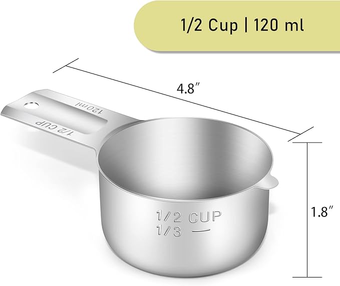 4PCS 1/2Cup (120ml, 4oz) Single Measuring Cup, Stainless Steel Measure Scoop, Metric and US Measurement, Dishwasher Safe