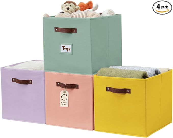 DECOMOMO Storage Baskets, 13x15x13 Storage Cube Bins with Labels for Organizing Shelves Kallax (Kallax / 4pcs, Rainbow)