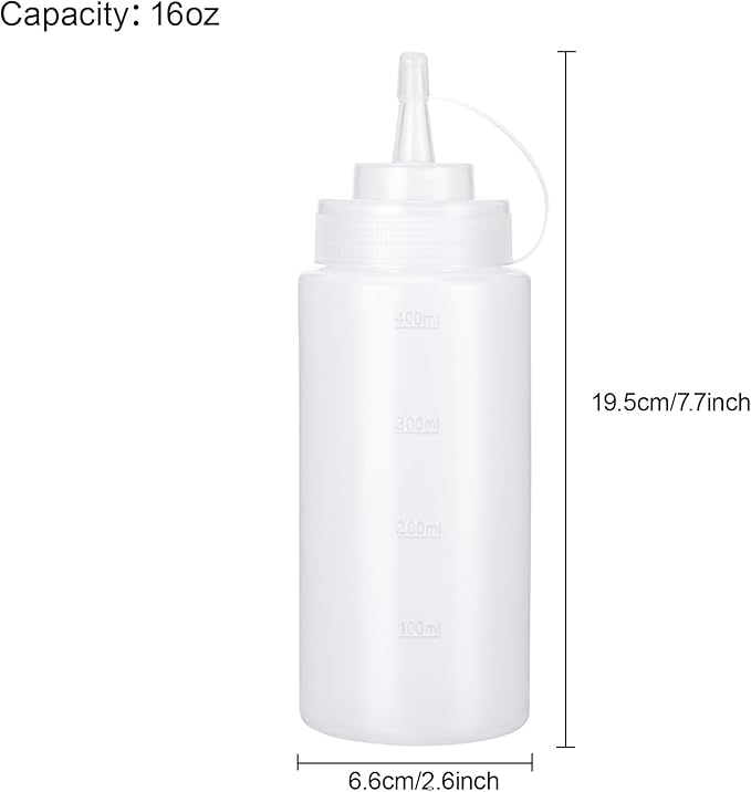 Condiment Squeeze Bottles Ketchup Dispenser, 6 Pack 16oz Squeeze Bottles for Liquids, Plastic Sauce Bottle with Cap Lid, Squirt Bottles for Sauces Liquids BBQ Dressing Pancake Art