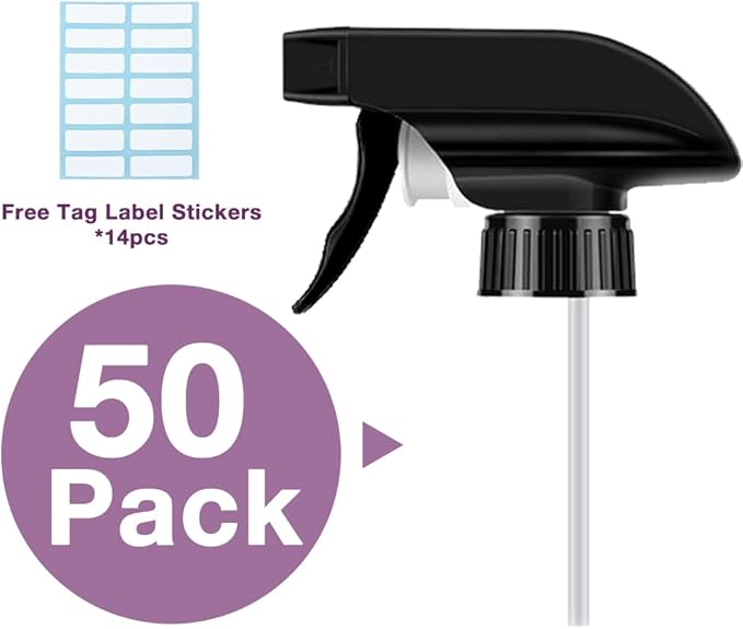 AMORIX 50PCS Spray Bottle Tops Black Trigger Sprayer Heavy Duty Replacement Nozzle with Mist Spray & Stream Sprayer, Fits Standard 28/400 Neck Bottles + Tag Label Stickers