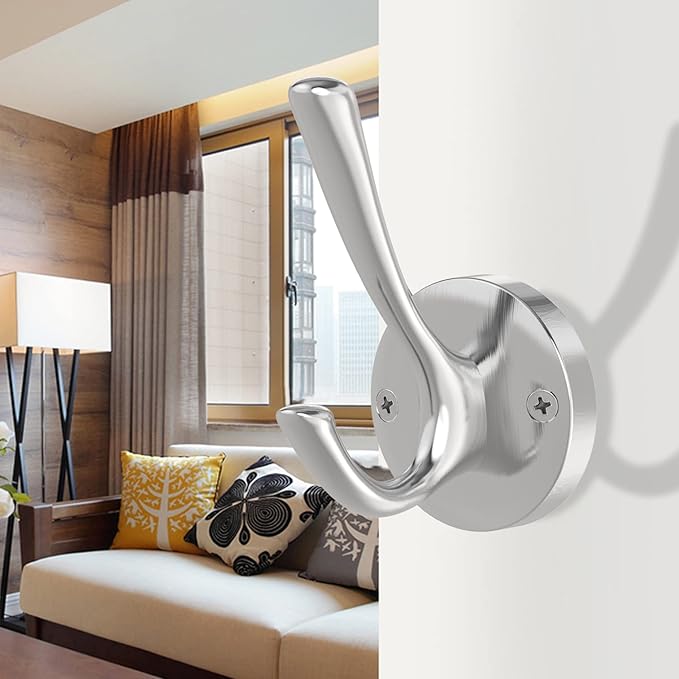 Brushed Nickel Wall Hooks, 6 Pack Coat Robe Hook Heavy Duty Metal Double Bath Hook Wall Mounted, Hand Towel Hooks for Cubicle Bathroom Kitchen Closet Garage