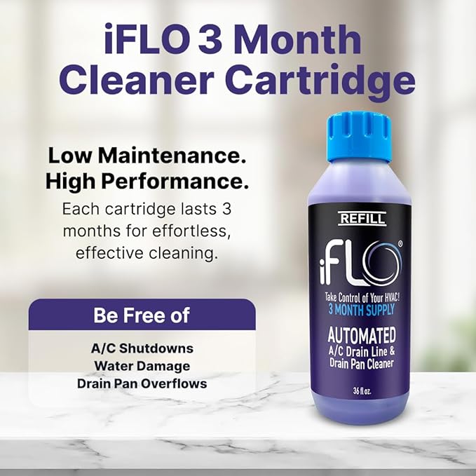 iFLO® Smart A/C Drain Line Cleaner and Drain Pan Cleaner Cartridge, Fast-Acting, Long-Lasting HVAC System Solution for Tough Clogs & Buildup, 3-Month Supply per Bottle, 3 Pack of 36oz