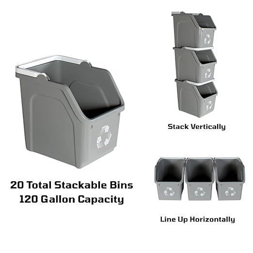 6 Gallon Stackable Recycling Bins for Homes, Garages, Offices Made of 100% Recycled Plastic - (Grey, 20 Pack)