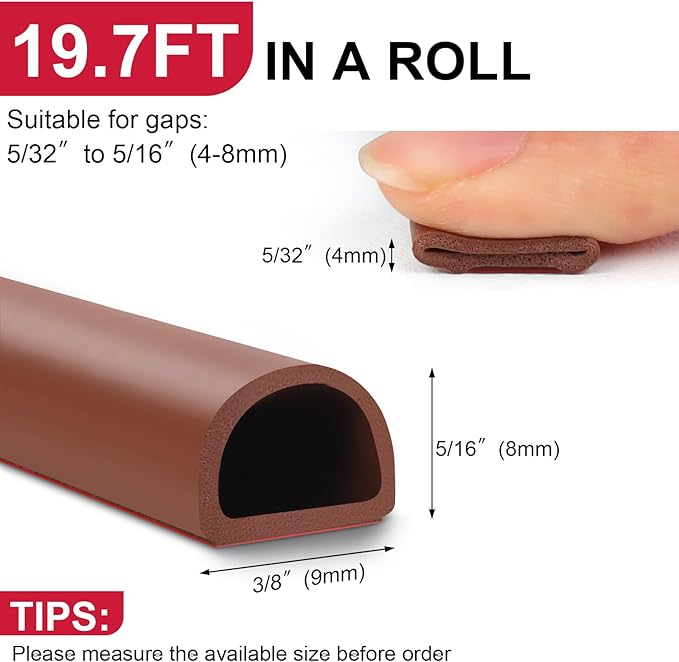 【New Upgrade】 Silicone Door Weather Stripping Door Seal Strip, 19.7 Feet Self-Adhesive D-Shape Door Insulation Strip for Door Frame& Window, Seal Large Gaps, Easy to Cut & Install