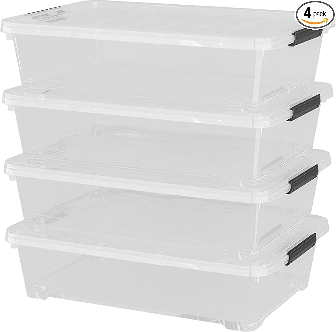 4Pack 40 Qt Plastic Under Bed Storage Organizer Bin Container with Secure Lids and Durable Wheels, Clear