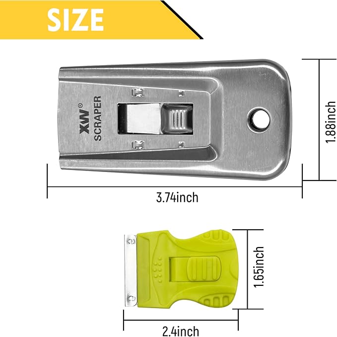 XW 7-Pack Razor Scraper Set, 4 PCS All-Metal Razor Blade Scrapers and 3 PCS Mini Plastic Scrapers, Extra 22 PCS Razor Blades Included