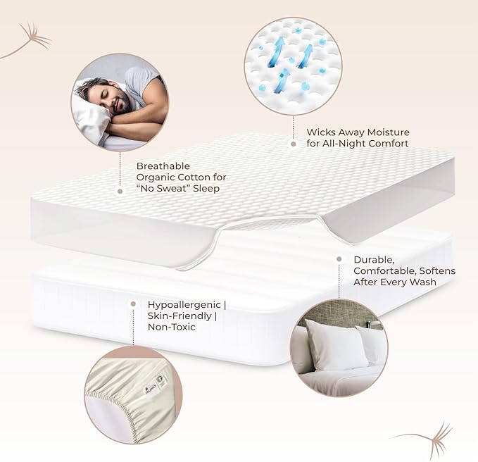 100% Cotton Organic Mattress Pad - Breathable & Cooling Mattress Protector Queen Size - Premium 300GSM Quilted and Noiseless Machine Washable Organic Mattress Protector (White, Queen)