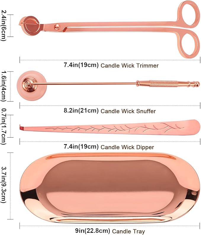 Lsnisni 4 in 1 Champagne Gold Candle Accessory Set with Candle Storage Tray Plate, Wick Trimmer Cutter, Candle Snuffer and Candle Wick Dipper, Steel Candle Care Kit with Gift Package for Candle Lover