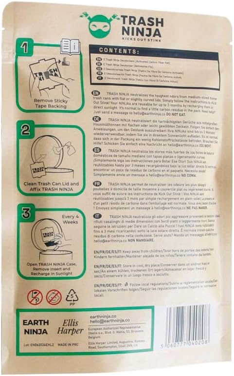 Trash Ninja Trash Can Deodorizer and Odor Eliminator (2 Pack) for Indoor Trash Cans Up to 10 Gallons, Made with Natural Activated Carbon - Lasts Up to 3 Months - Garbage Can Deodorizer to Control Odor