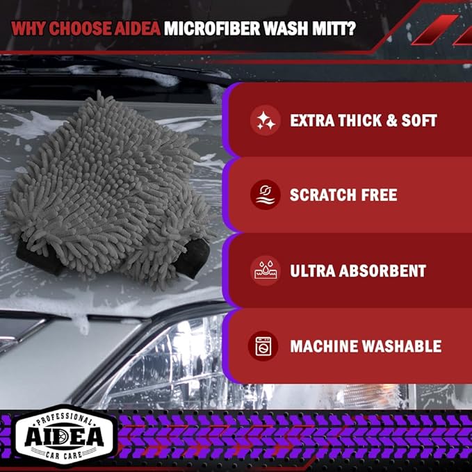 AIDEA Car Wash Mitt Microfiber, 1PK Scratch Free Lint-Free, Premium Chenille Microfiber Sponge Mitt Car Wash Brush, Grey, Regular Size 7.12''X10.14''