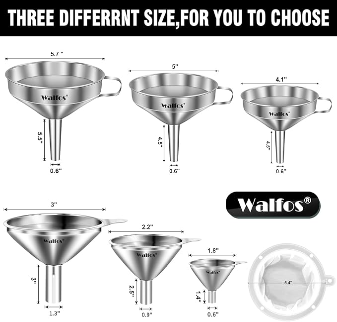 Stainless Steel Funnel, Walfos 6 Different Sizes of Kitchen funnels with 2 Removable Strainer ＆ 1Pcs Cleaning Brush, 200 Mesh Food Filter Strainer,for Transferring of Liquid, Oils, Jam, Powder