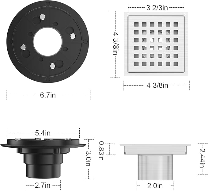 4-3/8 Inch Square Shower Floor Drain Brushed Stainless Steel Drain Kit with Flange, Removable Grid Cover, Hair Strainer