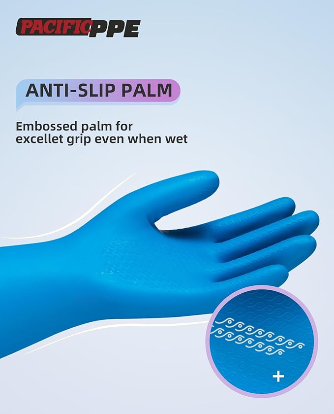 PACIFIC Cleaning Gloves with Latex free, Dishwashing Kitchen Gloves with Cotton Flocked Liner, Reusable, Non-Slip, Water Resistant Household Gloves, Blue, Medium