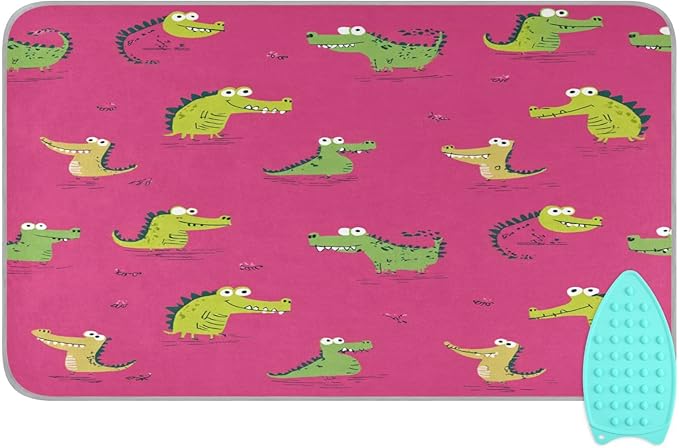Pink Funny Crocodiles Ironing Mat Thickened Ironing Blanket Travel Portable Double-Side Using Ironing Pad Travel Isolate Heat Pad Cover for Washer Dryer Table Top Countertop 27.6x47.2in