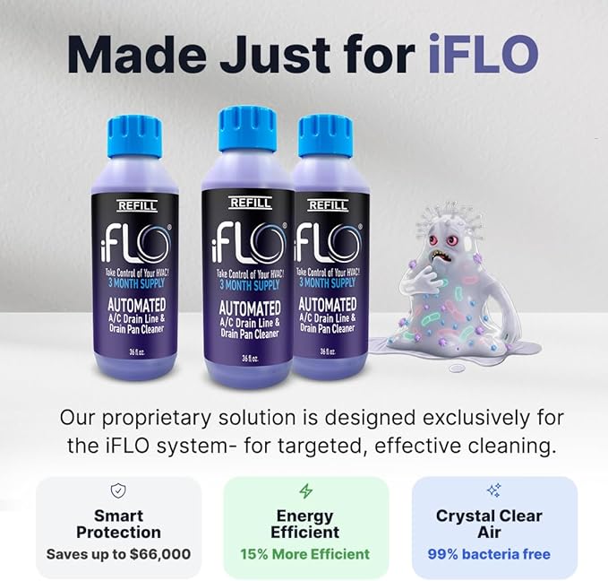 iFLO® Smart A/C Drain Line Cleaner and Drain Pan Cleaner Cartridge, Fast-Acting, Long-Lasting HVAC System Solution for Tough Clogs & Buildup, 3-Month Supply per Bottle, 1 Pack of 36oz
