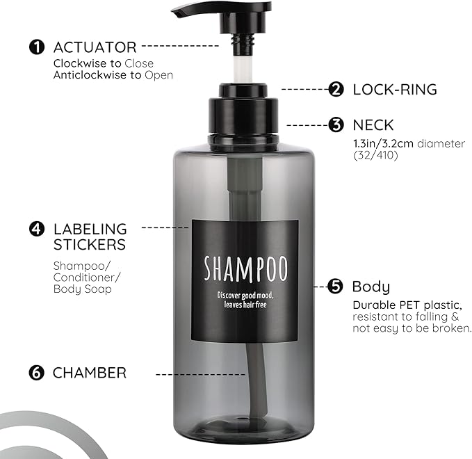 Refillable Shampoo Bottles, Segbeauty 16.9oz Shampoo Dispenser, 3pcs 500ml Empty Plastic Pump Bottle for Shower, Labeled Grey Large PET Lotion Dispenser with Pump Body Soap Conditioner Hotel Bathroom
