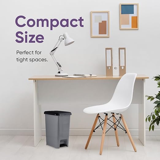 Superio Slim Trash Can with Foot Pedal – 2.5 Gallon Step-On Trash Bin with Lid, Small Plastic Garbage Can, Mini Trash Can for Bathroom, Kitchen, Office, Under Desk, Bedroom, Dorm – Grey/Black