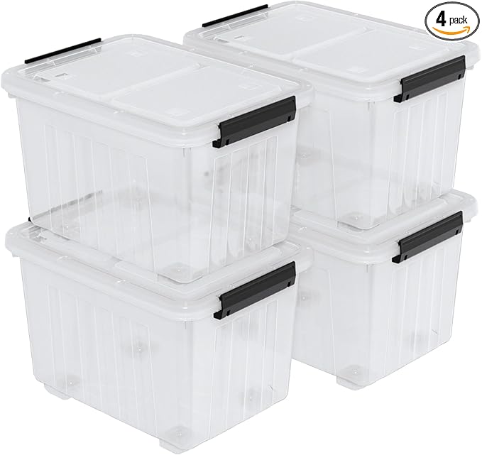 50 Quart Large Plastic Latching Box with Lid, Clear Storage Bin with Wheels, Stackable, 4 Packs