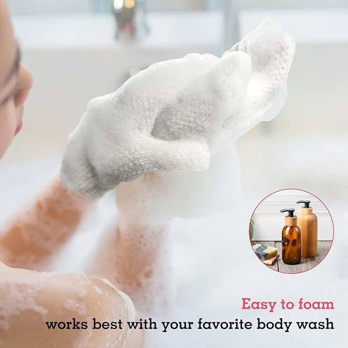 Evridwear Exfoliating Gloves for Shower, 100% Nylon Thick Soft Medium Heavy Bathing Gloves Dead Skin Remover Body Scrubber Smooth Skin with Hang Loop, 3 Pairs Light White