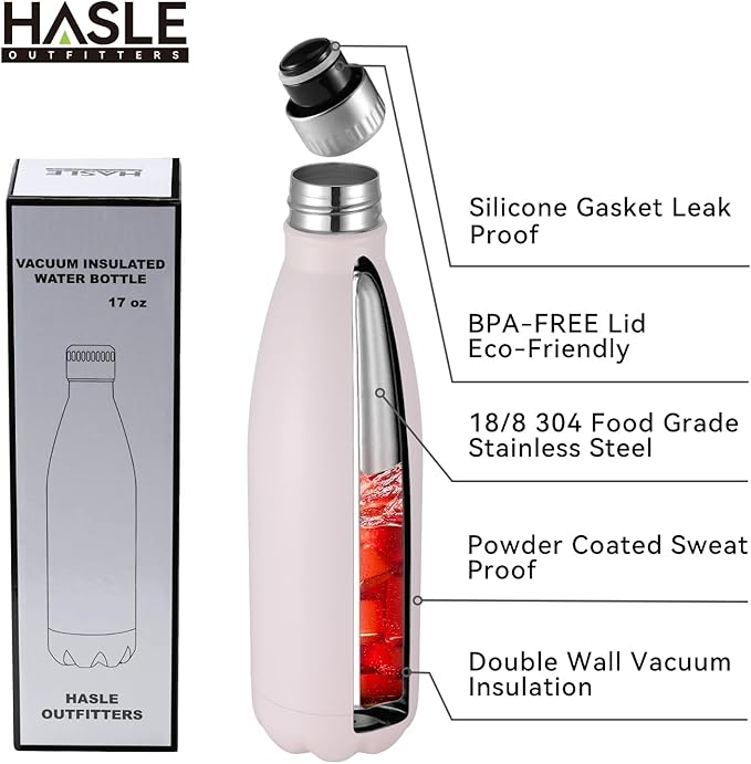 HASLE OUTFITTERS 17oz Stainless Steel Water Bottles Bulk, Vacuum Insulated Water Bottles Double Walled Powder Coated Reusable Metal Sports Water Bottles Keep Drinks Hot and Cold,Pink, 8Packs