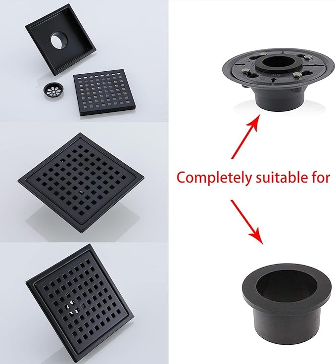 RANDOM Matte Black Square Shower Drain 6 Inch Drain Cover 304 Stainless Steel Floor Drain Grate with Removable Hair Strainer,6" Black Shower Drain