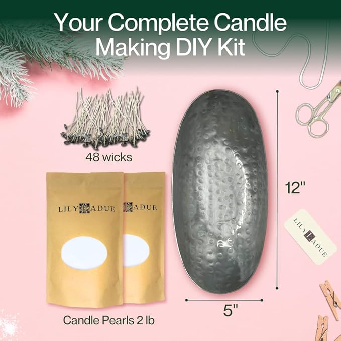 LILY LADUE Candle Refill Kit - 2Lb/32Oz Pearled Candles Sand and Wicks (48) and Hammered Silver Holder, Reusable Unique Sand Candles with Wicks for Candle Making, Bulk Unscented Pearl Wax Beads