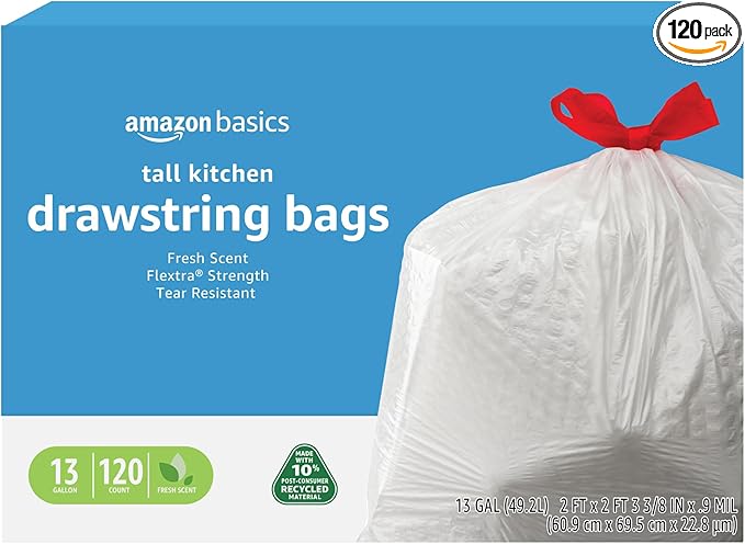 Amazon Basics 13 Gallon Flextra Strength Tall Kitchen Drawstring Trash Bags, Clean Fresh Scnet, Tear Resistant, 10% Post Consumer Recycled, 120 Count