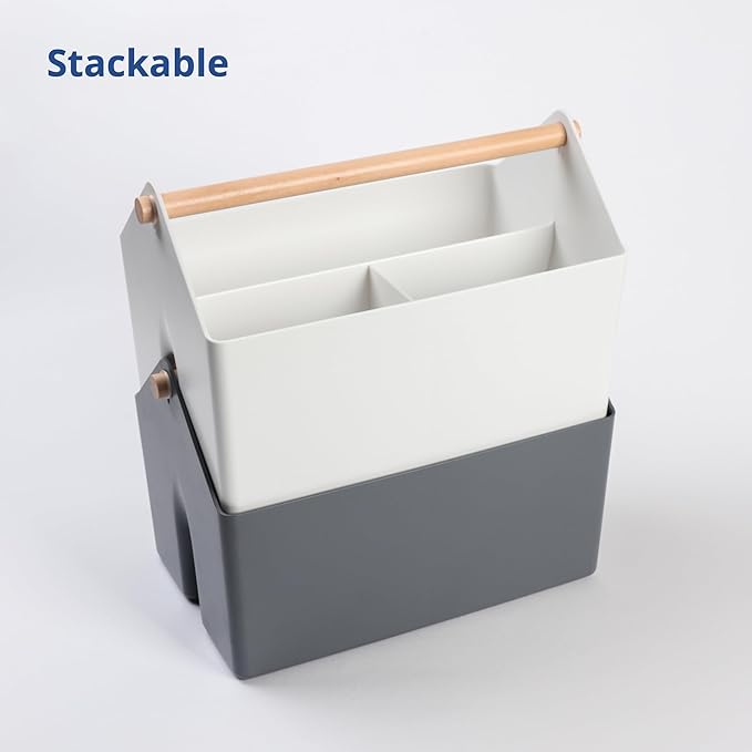 BLUE GINKGO Medium Storage Basket – Plastic Caddy with Wooden Handle for Office, Arts & Crafts, or Home Supplies (White)